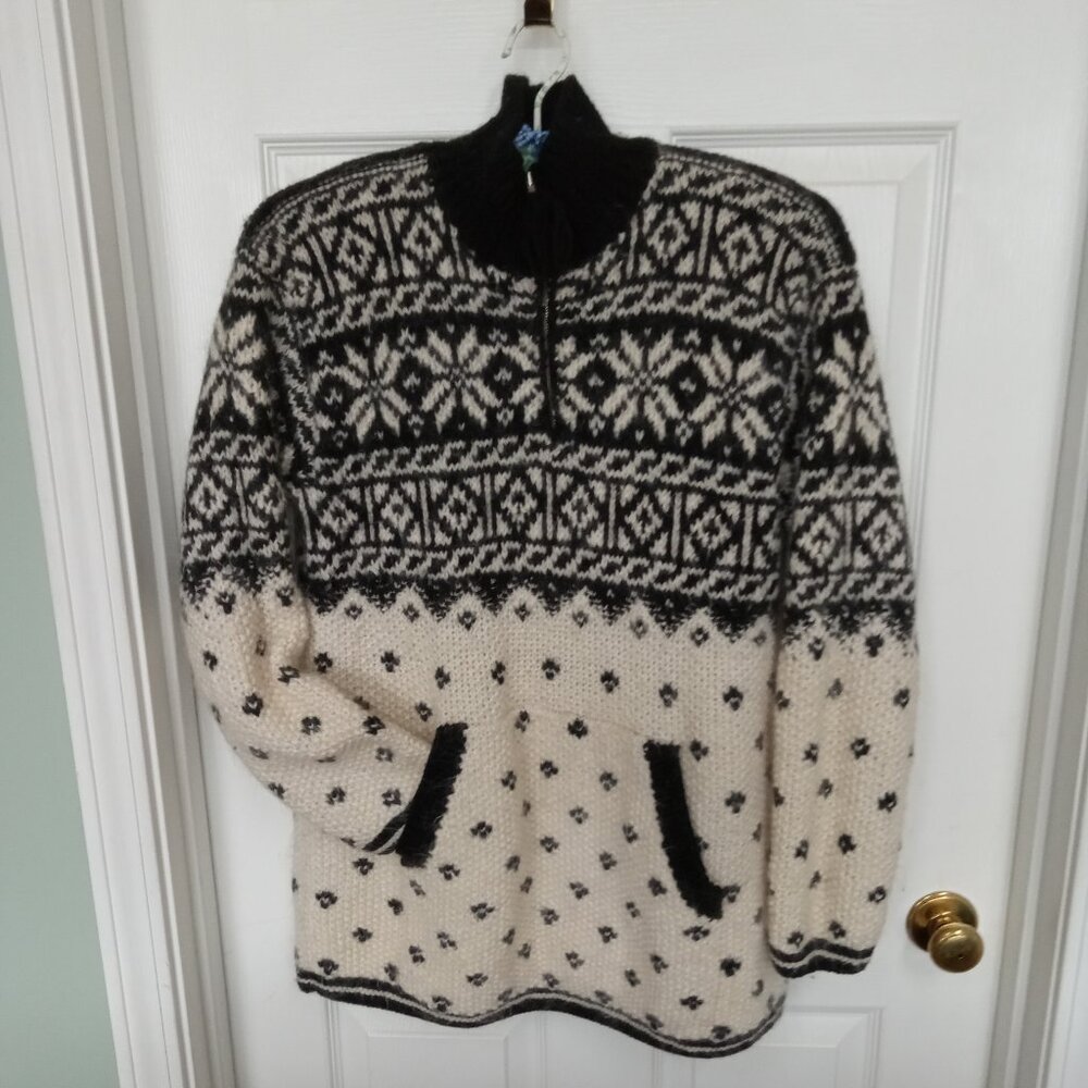 Wool - Mohair JONES NEW YORK Hand Knit Cream & Black 1/4 Zip Sweater